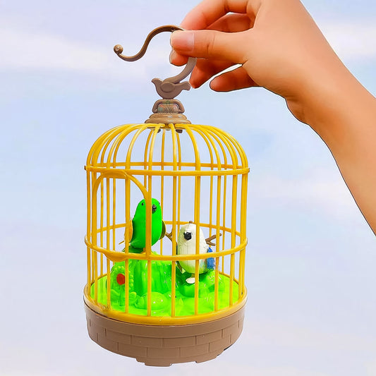 SkyNature Sound Activated Chirping Bird Pinjra, Sound activated chirping bird toy hanging cage with LED light