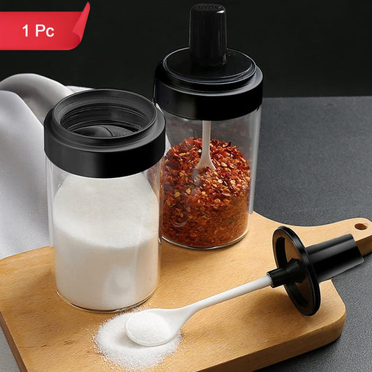 Multipurpose Masala Glass Jar Set with Wooden Tray, Glass spice box jar with airtight lid and attached spoon for kitchen