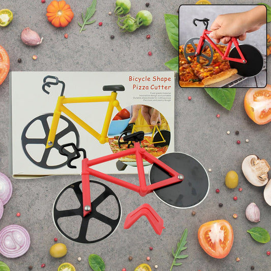 Stainless steel pizza cutter with ergonomic unbreakable handle and sharp bicycle-shaped blade for slicing evenly