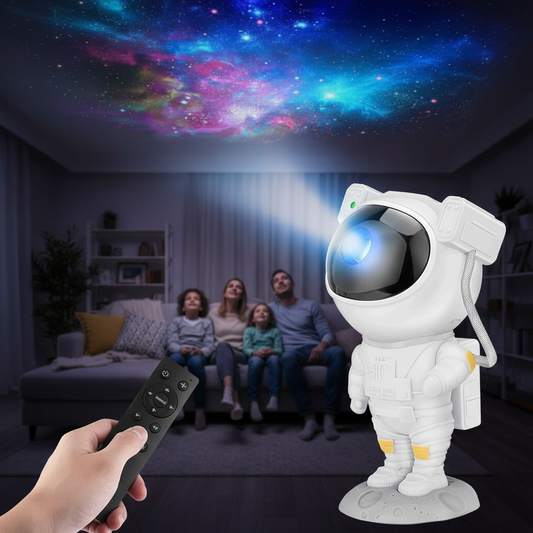 Astronaut toy projecting a colorful starry sky onto a ceiling, with a family watching in a living room.
