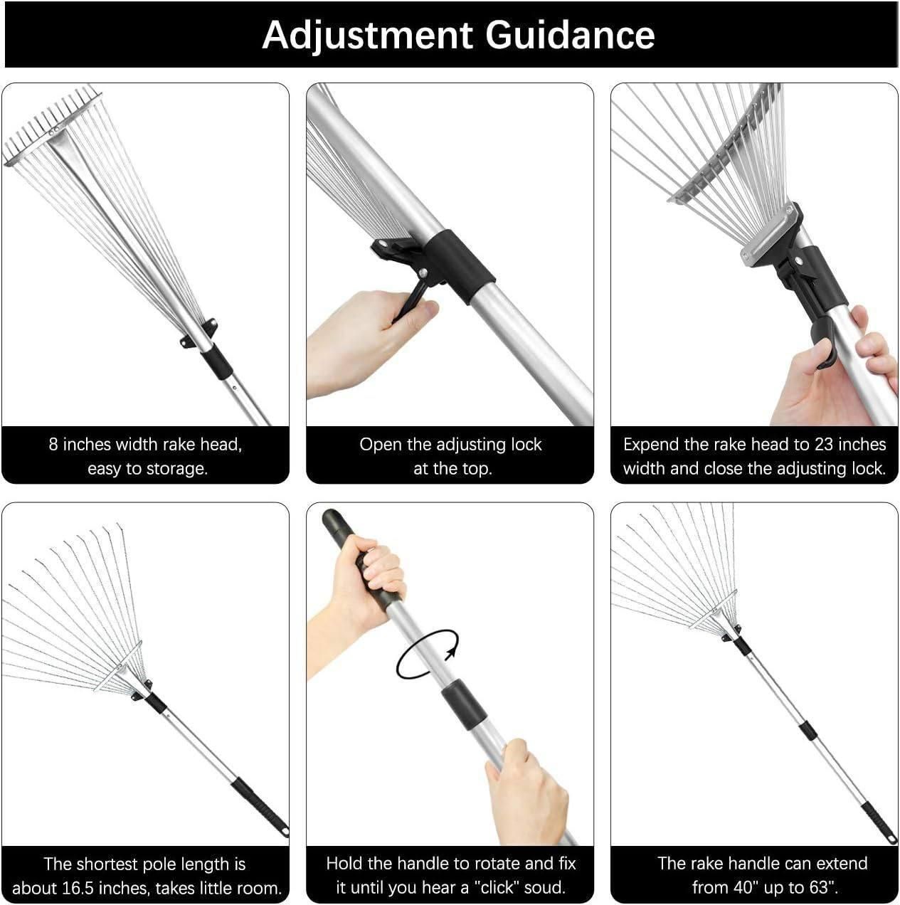 Professional garden leaf yard cleaning tool with telescopic metal rake and adjustable head. Lightweight 1000g, anti-skid handle, perfect for cultivated fields and orchards.
