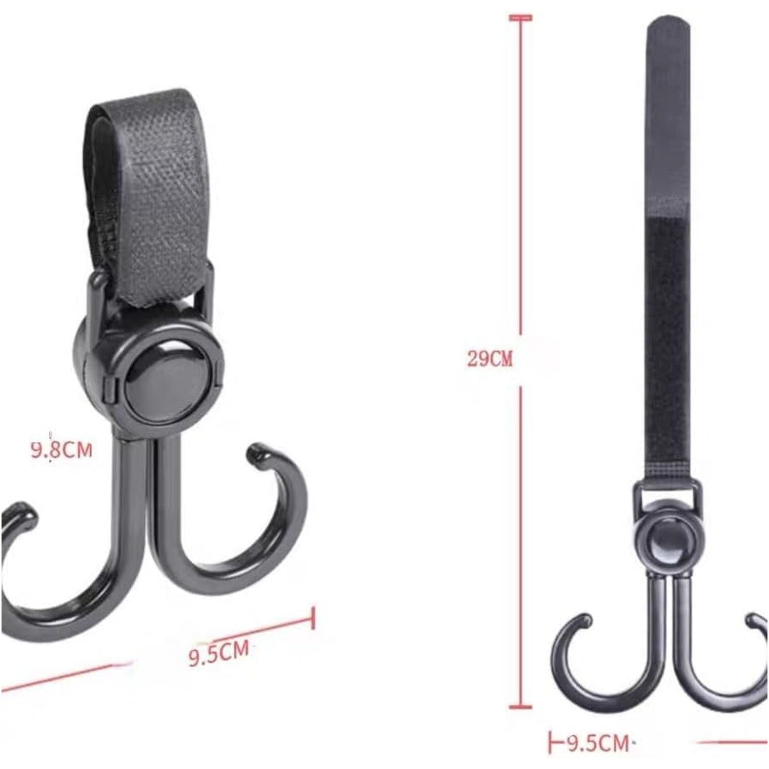 Universal stroller hook used on wheelchair for extra bag support