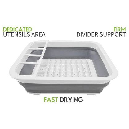 Folding silicone dish drainer with integrated storage for cutlery. collapsible dish drying rack, folding kitchen drainer, silicone dish rack, drying tray with utensil holder, rustproof dish drainer, compact dish drying rack, camping dish drainer, countertop dish tray, dishwasher safe dish rack, kitchen drying stand