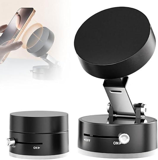 Black adjustable phone stand with smartphone on a white background. Vacuum magnetic suction phone holder with 360 rotatable design and foldable construction for car dashboard mounting