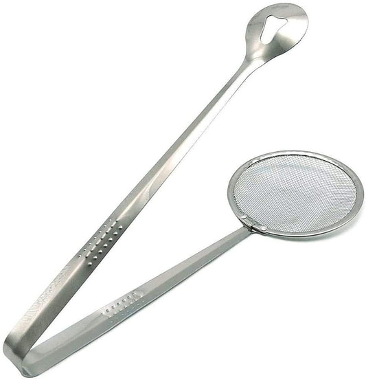 2-in-1 stainless steel filter spoon with clip, multi-functional, 2 in 1 fry tool, stainless steel strainer spoon, cooking tongs with clip, oil filter spoon, BBQ tongs, multi-functional kitchen tool, frying strainer, mesh spoon for frying, food lifter with strainer, stainless steel kitchen tong, Indian kitchen fry tool