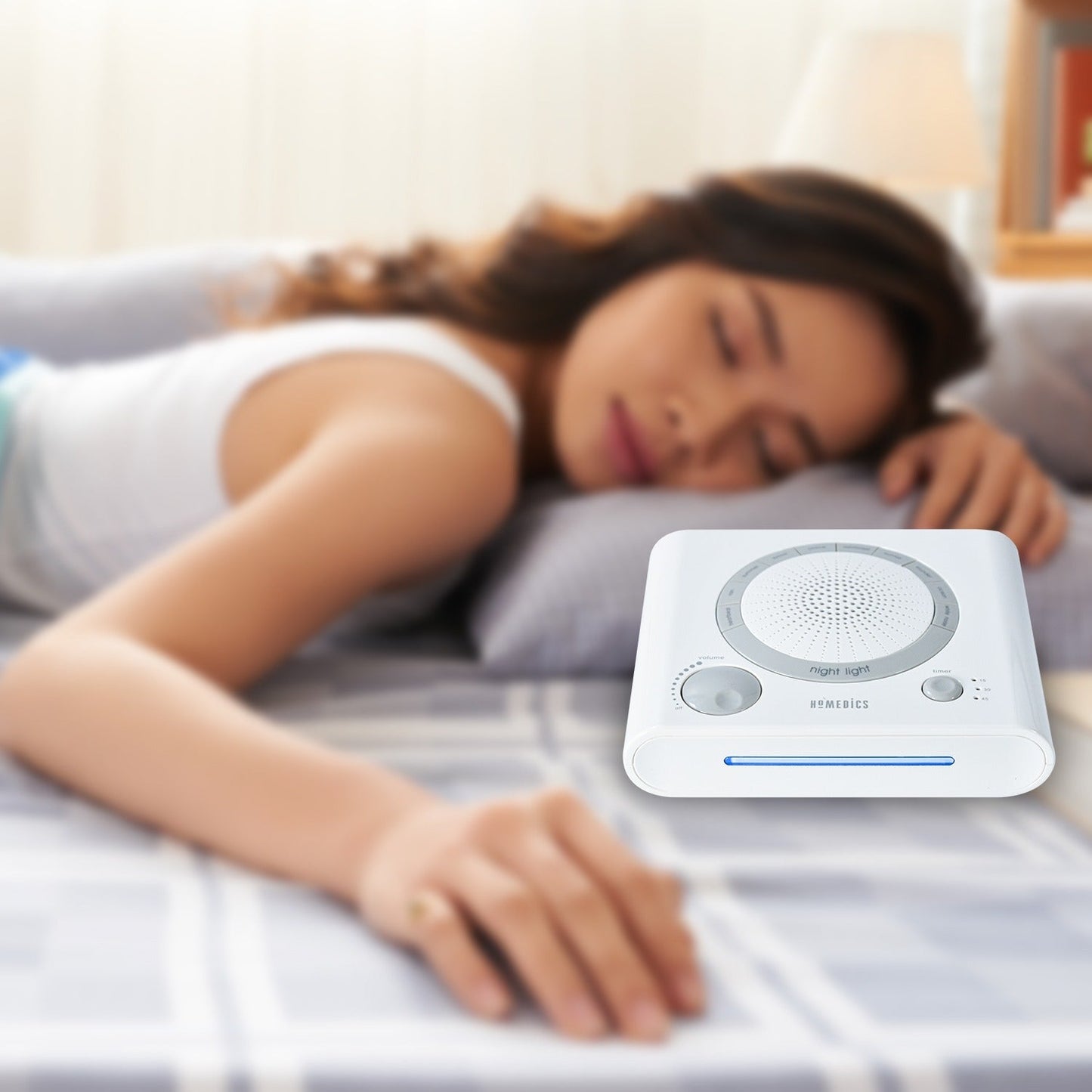 Side view of sleep therapy machine with sounds and timer options. sleep sound machine, white noise machine, natural sound therapy, baby sleep aid, anxiety relief device, sleep timer device, stress relief machine