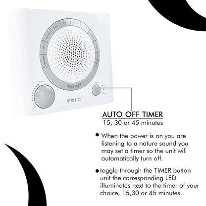 Rear view of sleep therapy machine showing power input options. sleep sound machine, white noise machine, natural sound therapy, baby sleep aid, anxiety relief device, sleep timer device, stress relief machine
