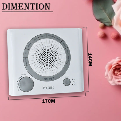 Top view of sleep therapy machine with sounds and timer settings. sleep sound machine, white noise machine, natural sound therapy, baby sleep aid, anxiety relief device, sleep timer device, stress relief machine
