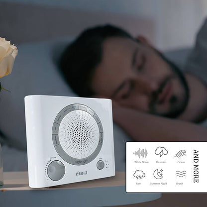 Front view of sleep therapy machine with display and control panel. sleep sound machine, white noise machine, natural sound therapy, baby sleep aid, anxiety relief device, sleep timer device, stress relief machine