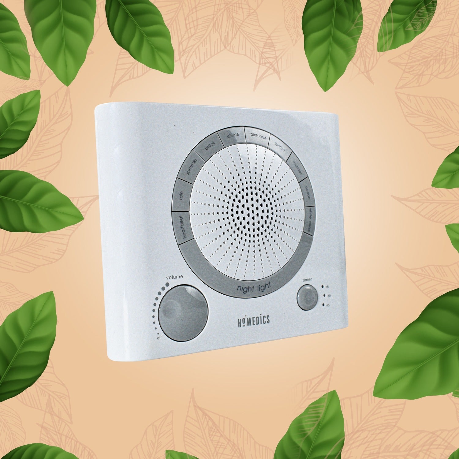 Sleep therapy machine with detailed view of sound options and controls. sleep sound machine, white noise machine, natural sound therapy, baby sleep aid, anxiety relief device, sleep timer device, stress relief machine