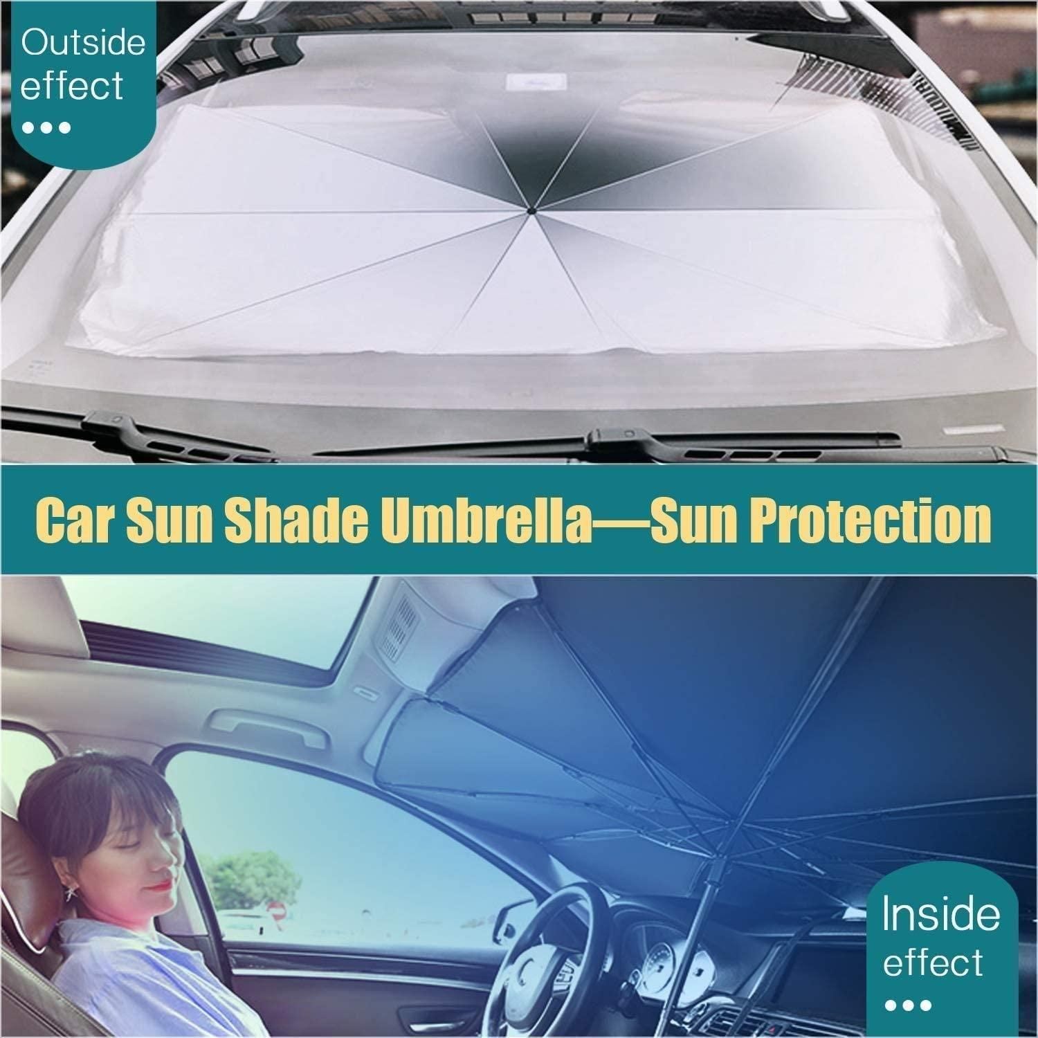 Car sun shade umbrella with text indicating sun protection, shown from outside and inside a car. Car sunshade umbrella showing thermal insulation technology and easy setup mechanism for heat blocking