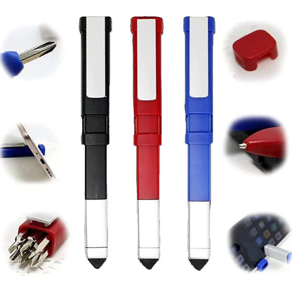 Versatile pen with screwdriver and stylus functions. tech tool pen, 4 in 1 pen tool, multi-function pen, screwdriver pen, mobile holder pen, stylus pen, pocket tool pen, travel pen with tools
