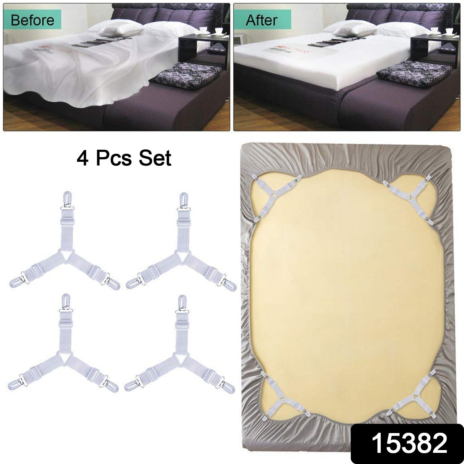 4 piece bed sheet holders with metal clips, anti-slip bed sheet clips for mattresses, sheet fasteners for fitted and flat sheets, 
