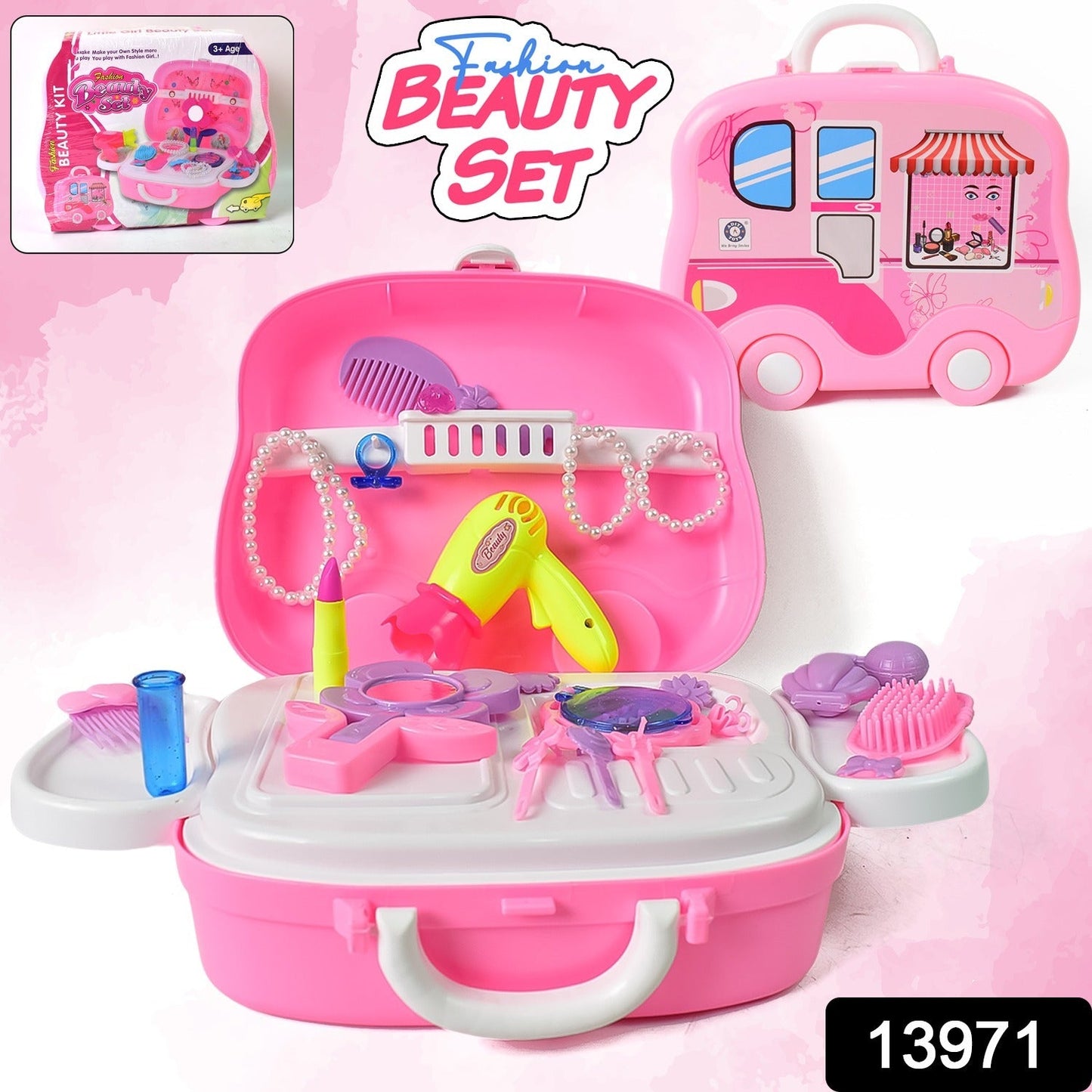 beauty cosmetic suitcase toy for girls, travel-friendly kids makeup set, salon style toy kit with mirror and brushes, little girls vanity makeup suitcase set, kids beauty case with lipstick and compact, makeup play set for toddlers in suitcase form