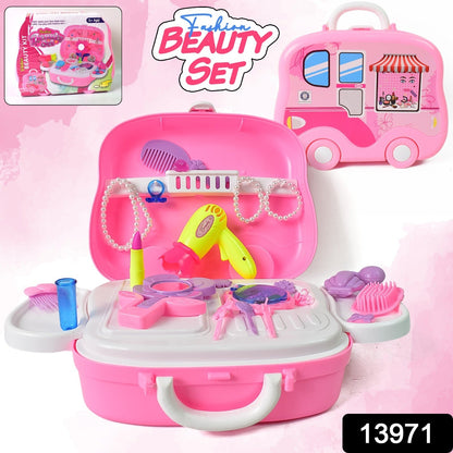 beauty cosmetic suitcase toy for girls, travel-friendly kids makeup set, salon style toy kit with mirror and brushes, little girls vanity makeup suitcase set, kids beauty case with lipstick and compact, makeup play set for toddlers in suitcase form