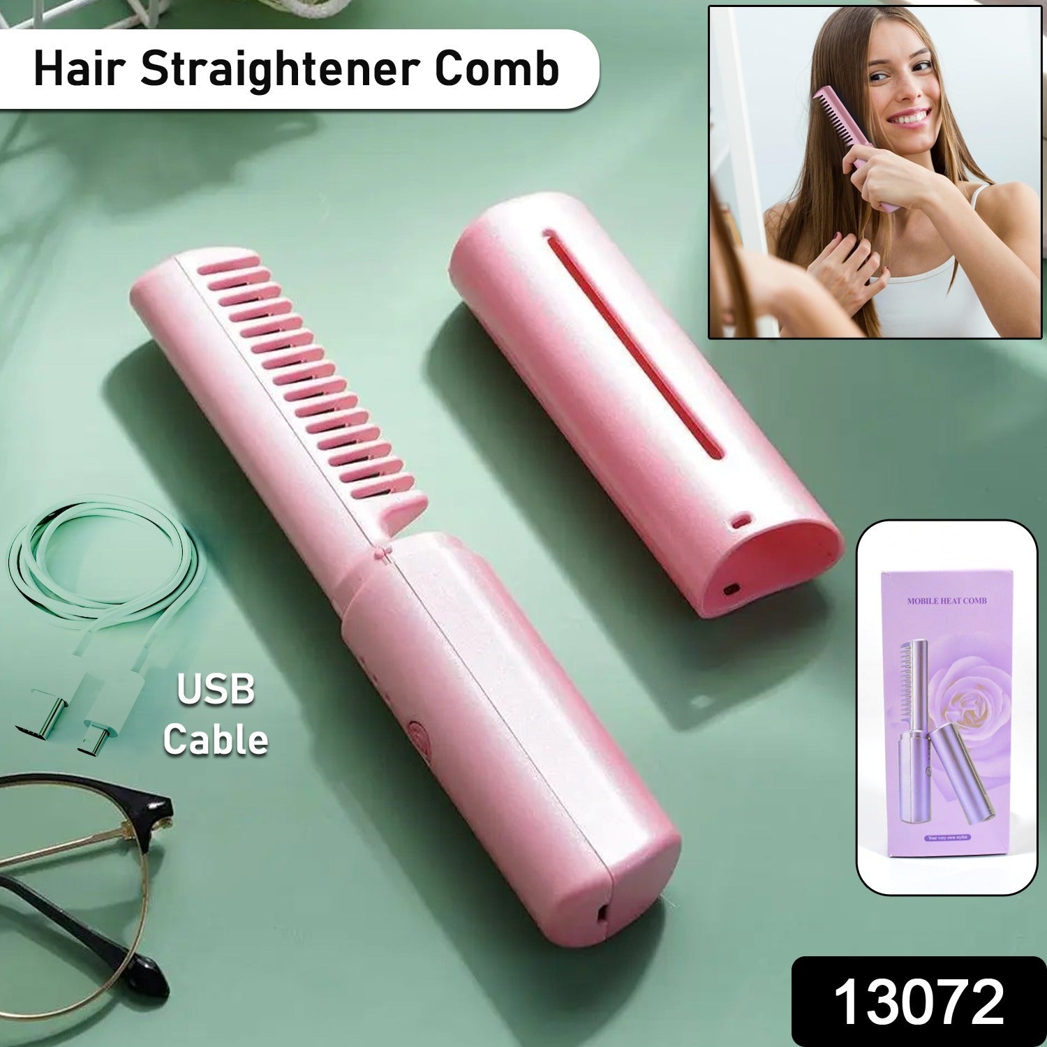  mini hair styling brush for women on-the-go, compact flat iron brush for travel use, USB rechargeable hair tool for frizz-free styling