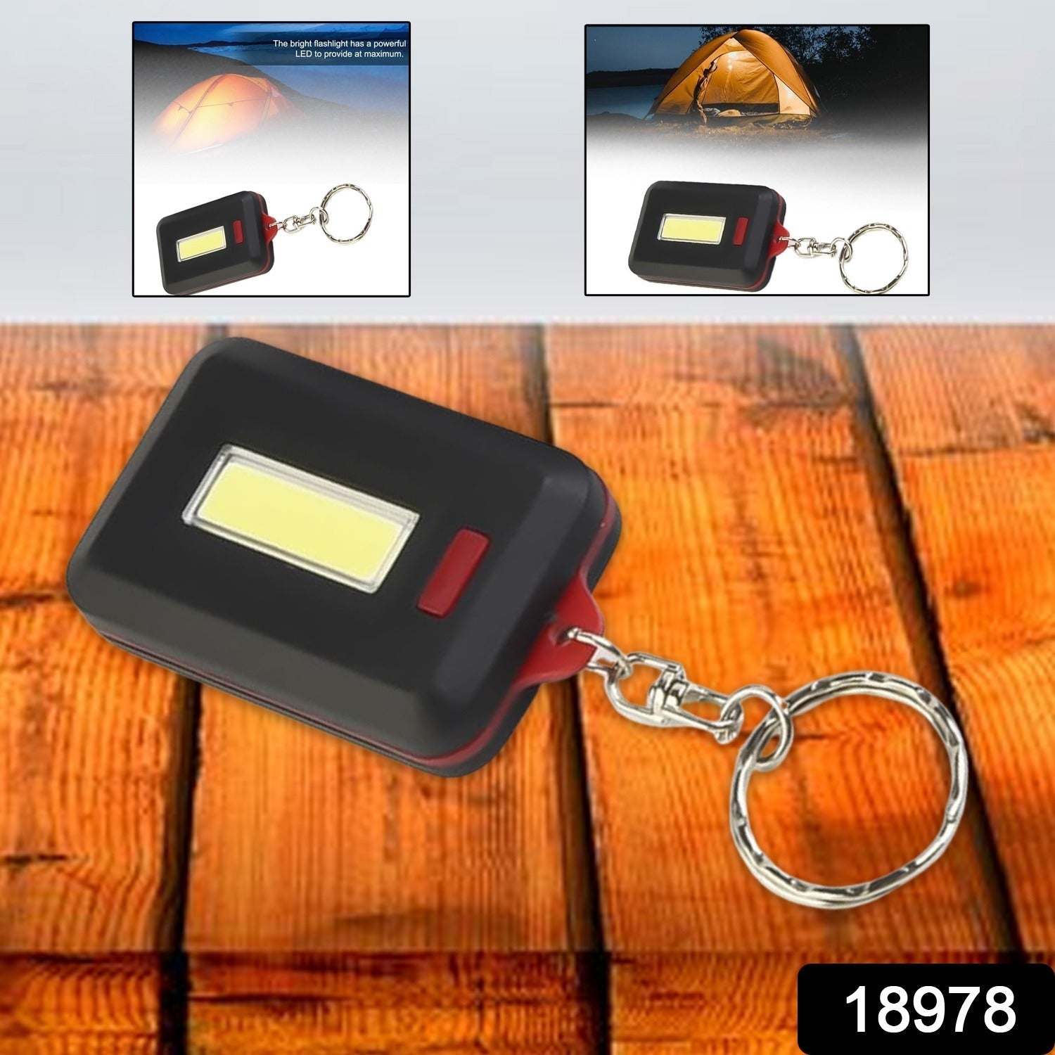 keychain LED torch with hook and loop back, 3 mode COB light keychain for camping and travel, small LED emergency light for bag and keys, bright COB key light for home and outdoor use, battery-operated COB LED light with carabiner clip
