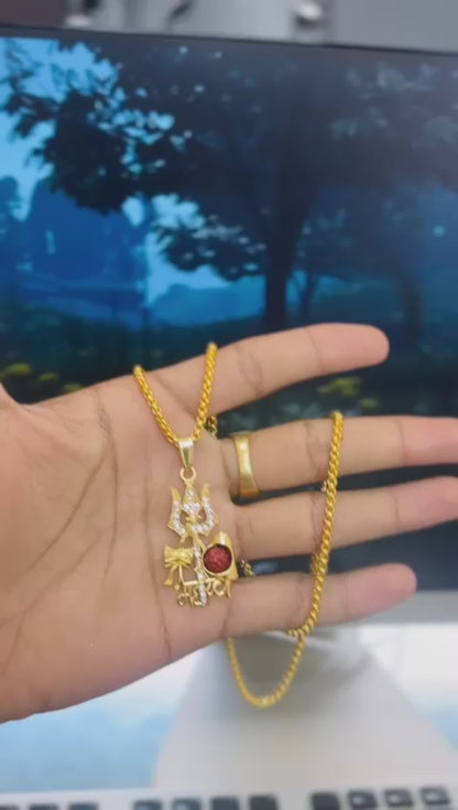 Gold Plated Mahadev Damru Pendant with Chain – Shiva Jewelry for Men