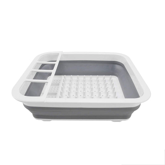 Collapsible silicone dish drying rack with utensil storage holder. collapsible dish drying rack, folding kitchen drainer, silicone dish rack, drying tray with utensil holder, rustproof dish drainer, compact dish drying rack, camping dish drainer, countertop dish tray, dishwasher safe dish rack, kitchen drying stand