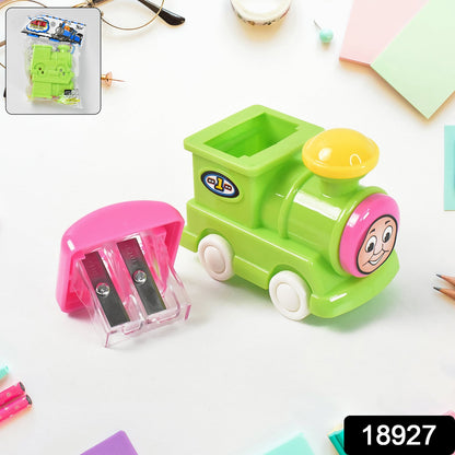 kids stationery sharpener with train design, colorful pencil sharpeners for return gift, cute train cartoon sharpener for school children, dual hole sharpener for thick and thin pencils, plastic train sharpener for kids pencil box, 