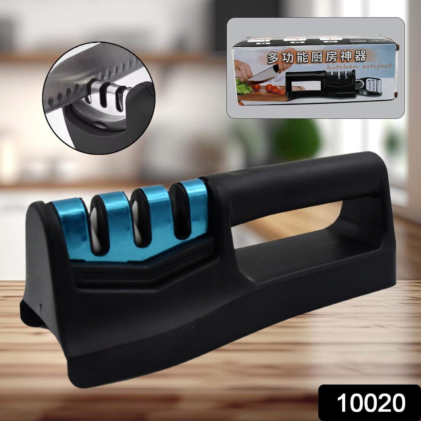 ergonomic knife sharpener with non-slip handle, multi-stage sharpener for chef knives and kitchen blades, 
